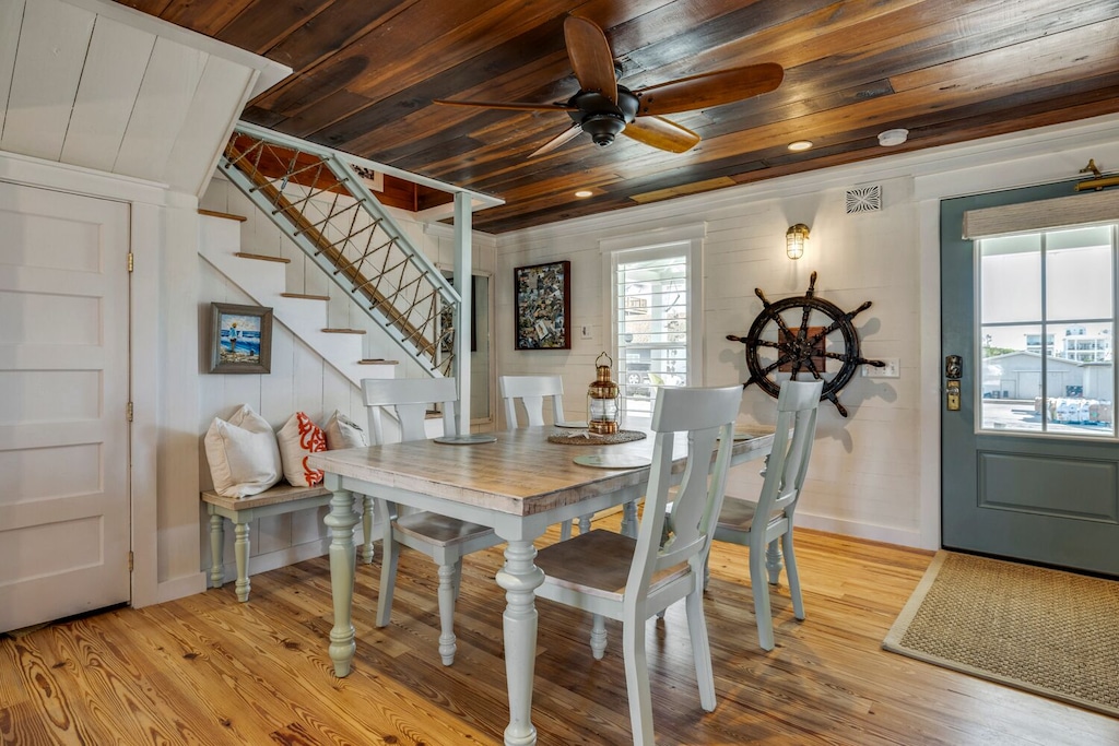 The captains wheel is an authentic antique from a salvaged ship. It even spins!