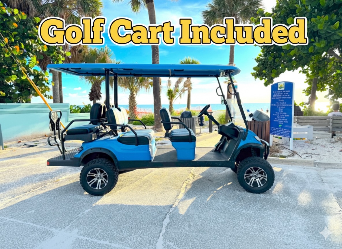 Restaurants, shops and bars are easily accessible with the 6 seat golf cart.