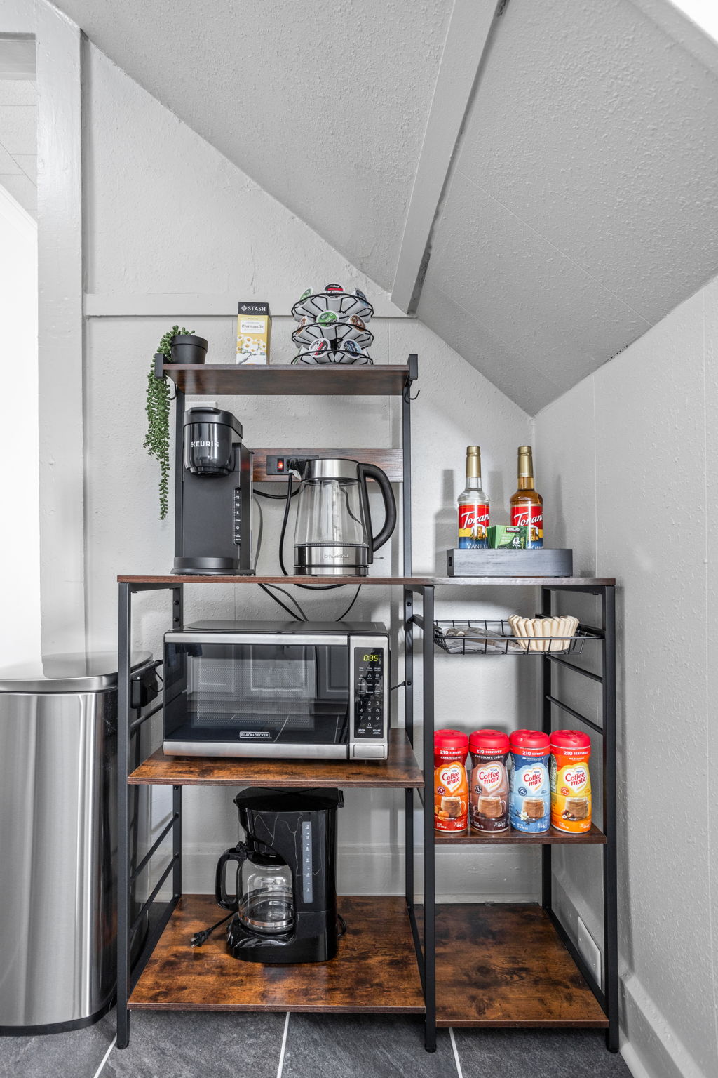 Wake up or relax with an assortment of coffee, tea and condiments.