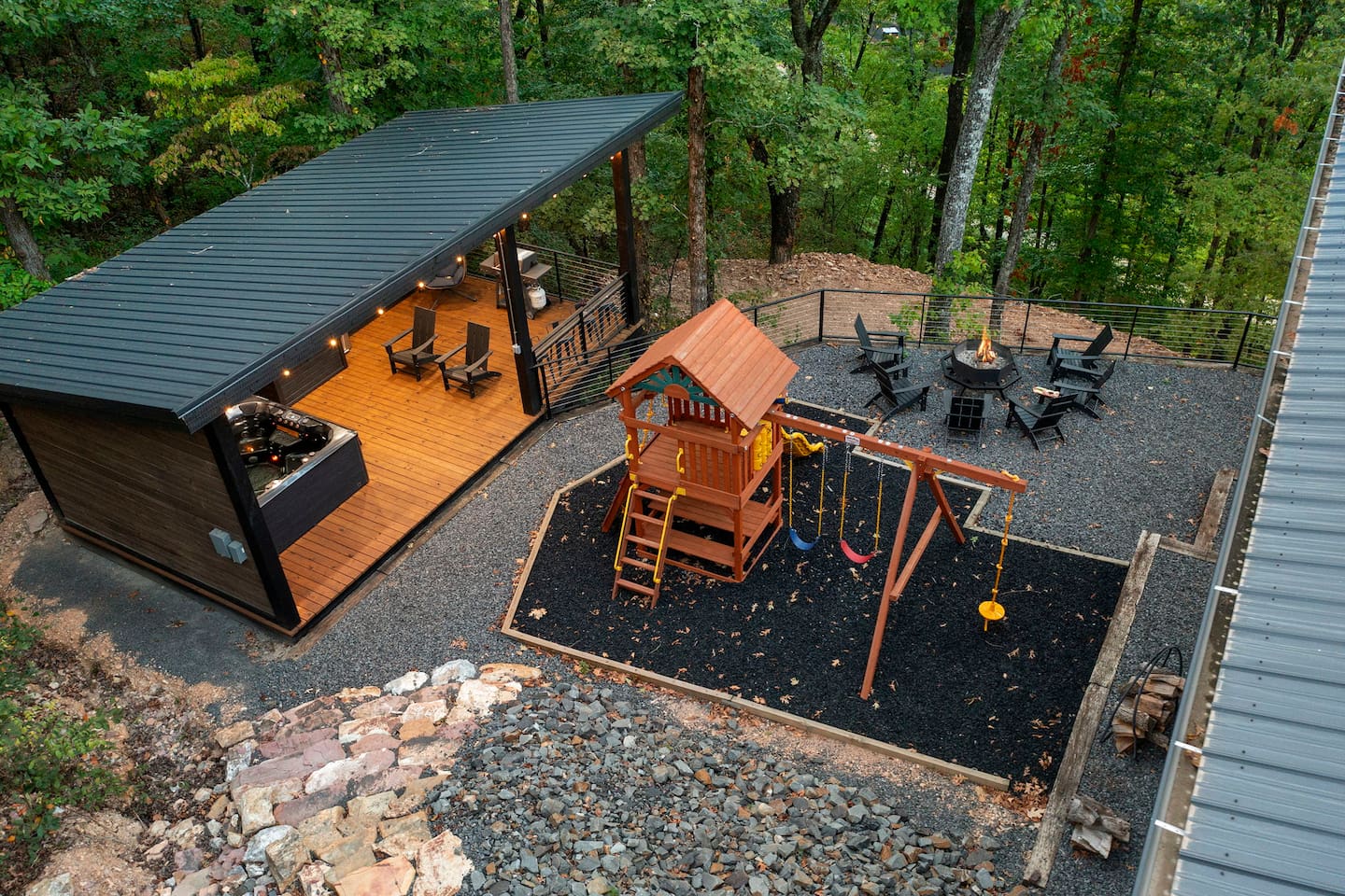 The playground adds even more space for kids to explore, play, and make memories during your cabin stay.