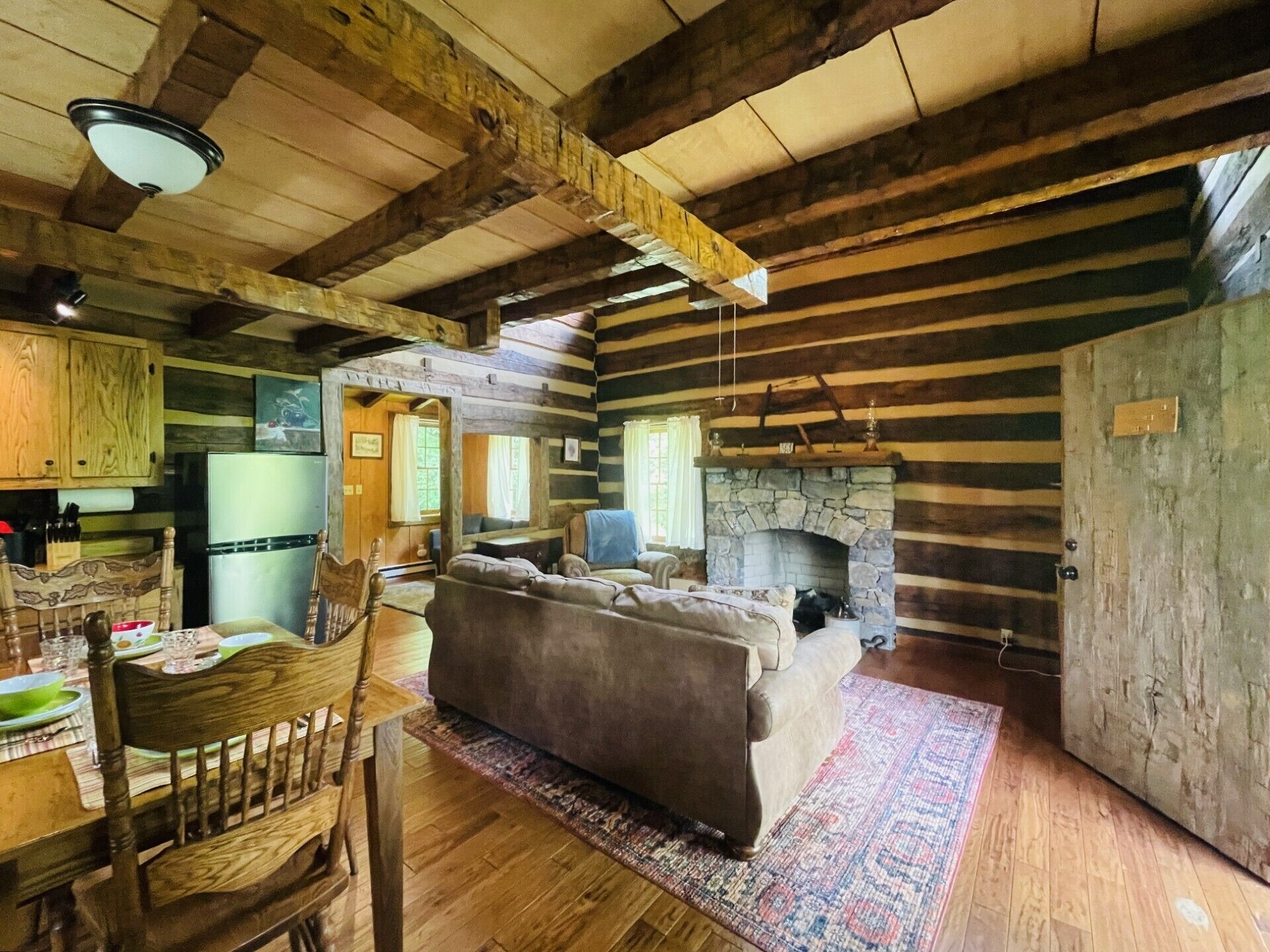 Timbers stretch the length of the ceiling