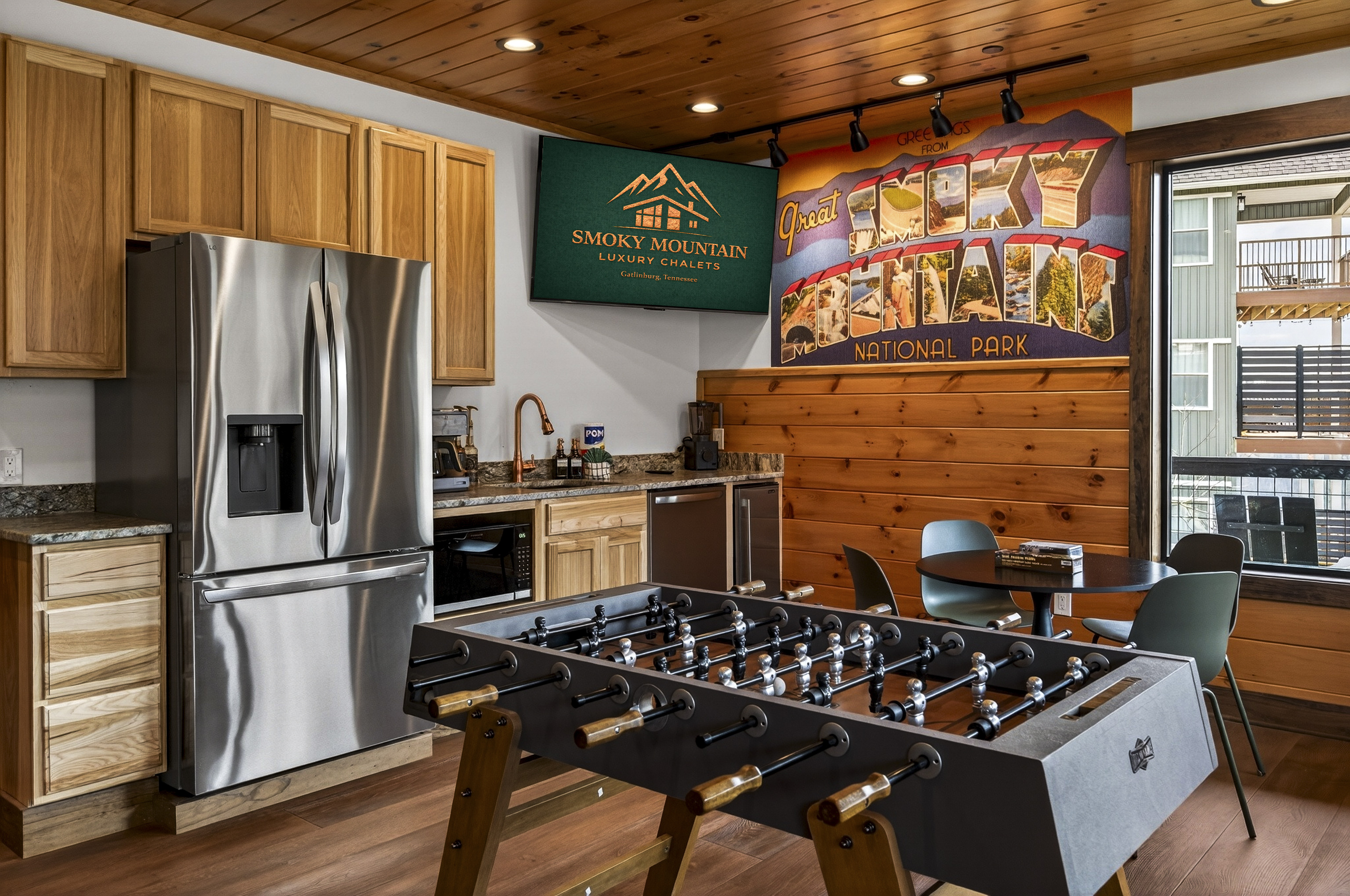 Ultimate Game Room -Watch movies or the big game on the 100-inch TV, relax on the plush sectional, or enjoy bar-top seating. Play pool, shuffleboard, foosball, and arcade tables, with a kitchenette for snacks and drinks—perfect for family fun & game nights