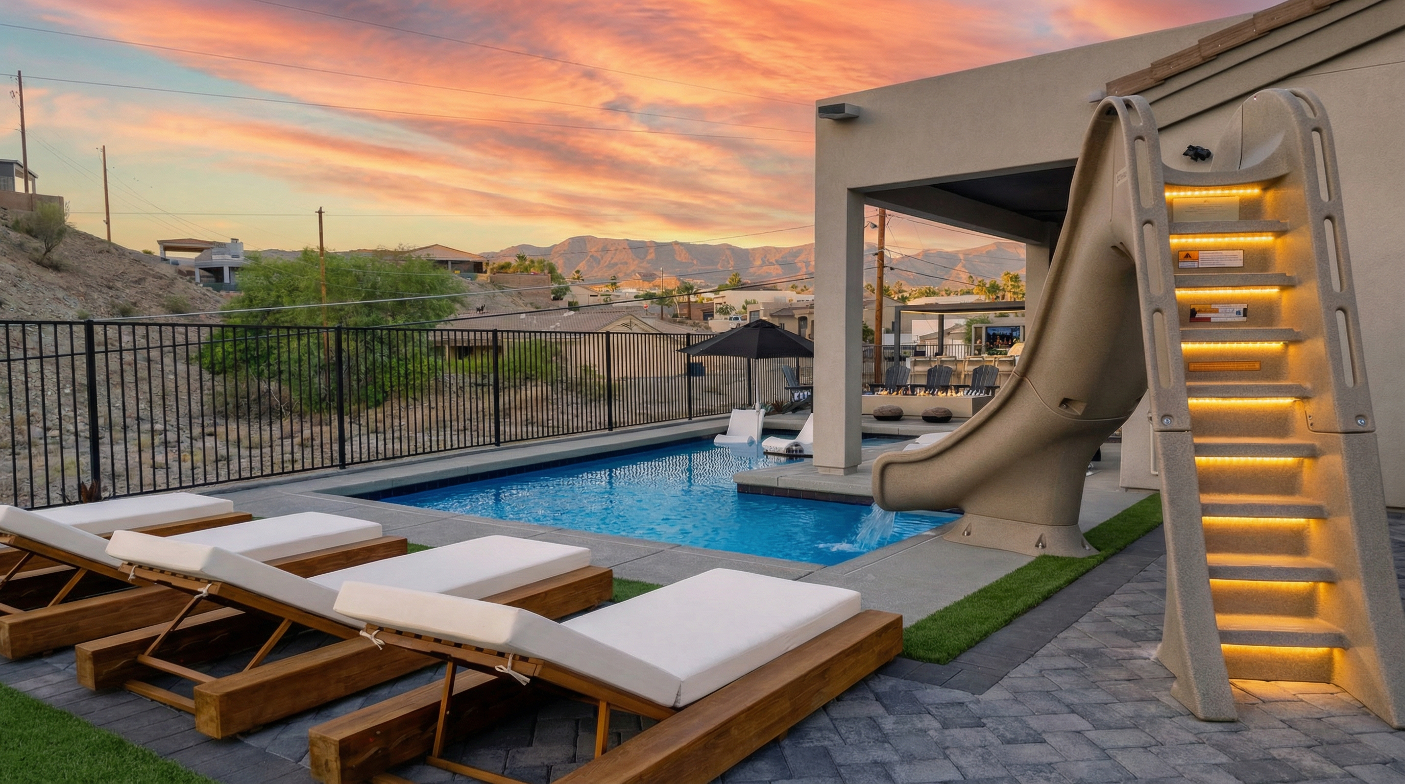 Four lounge chairs for sunbathing.