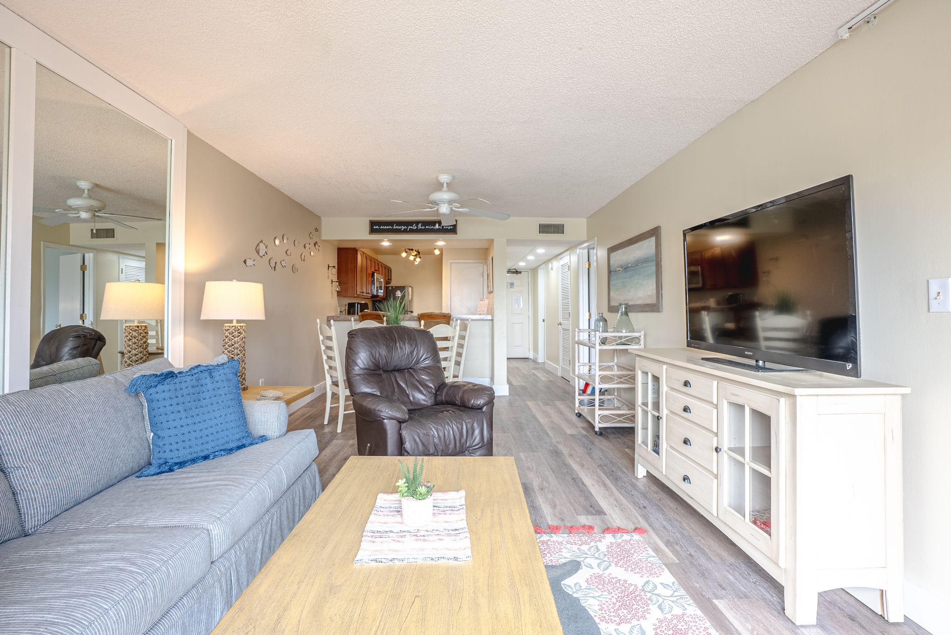Living area with smart TV, comfy seating
