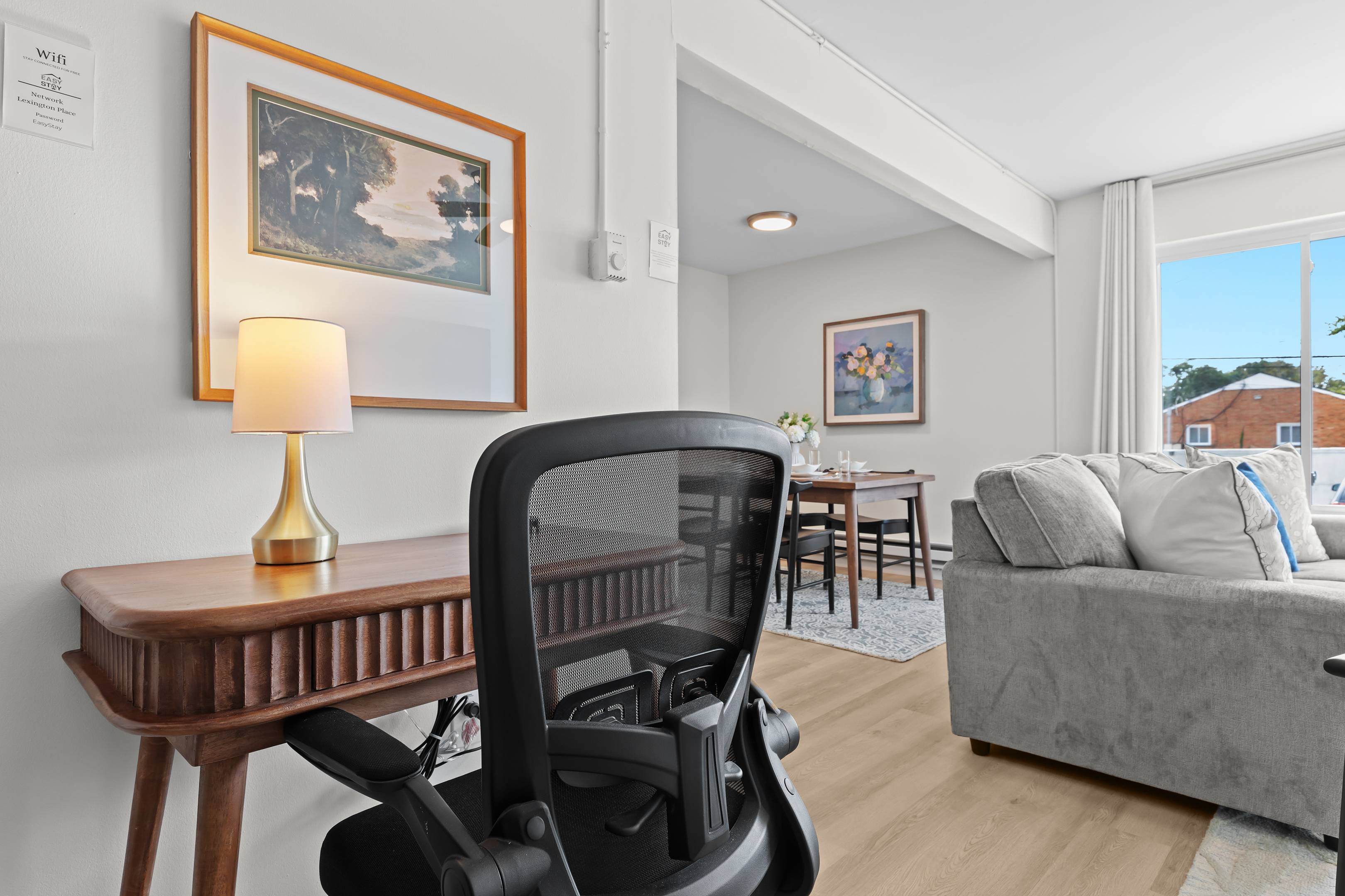 Small workstation ideal for remote work or trip planning.
