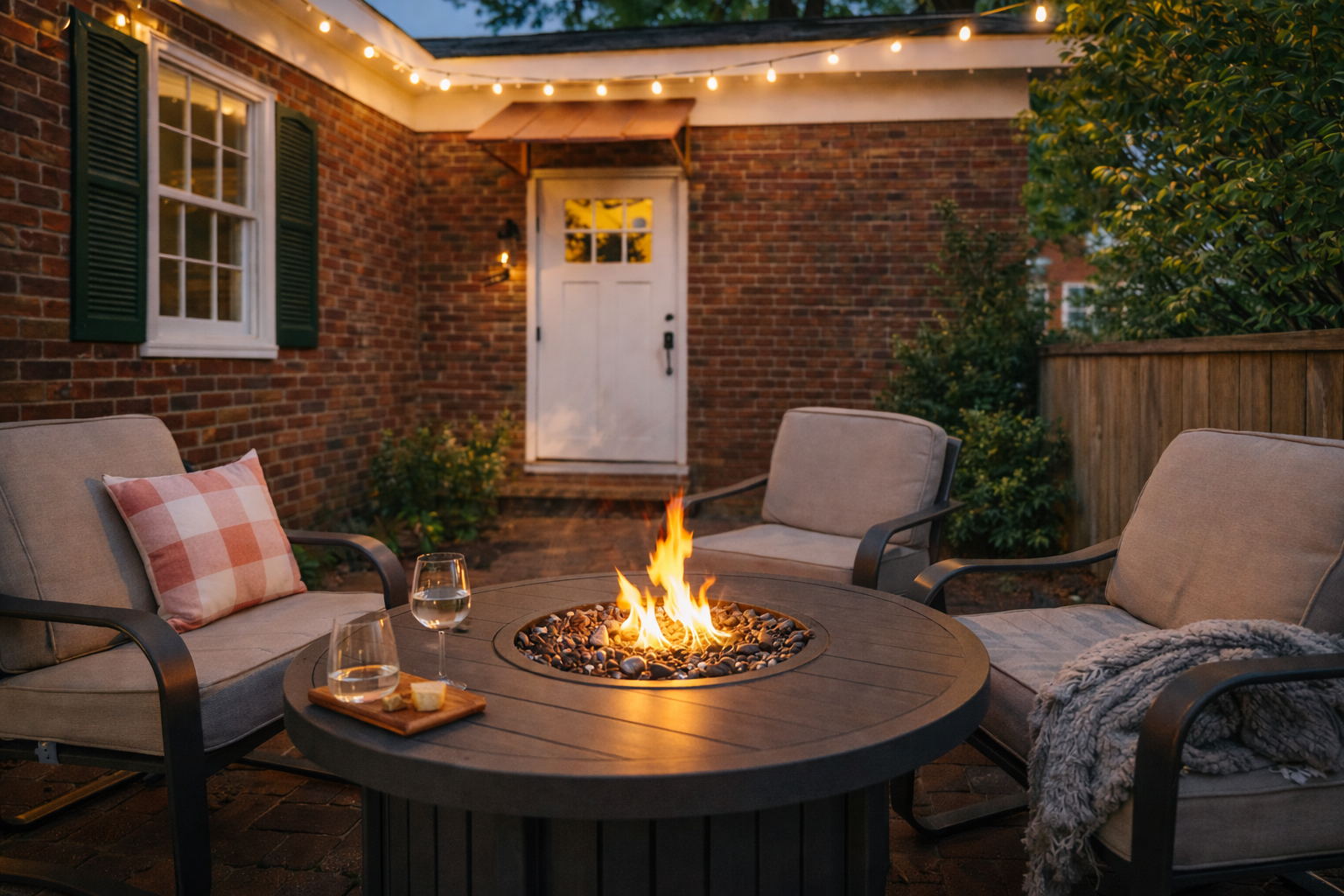 Enjoy evenings on the private patio with a fire table and soft ambient lighting.