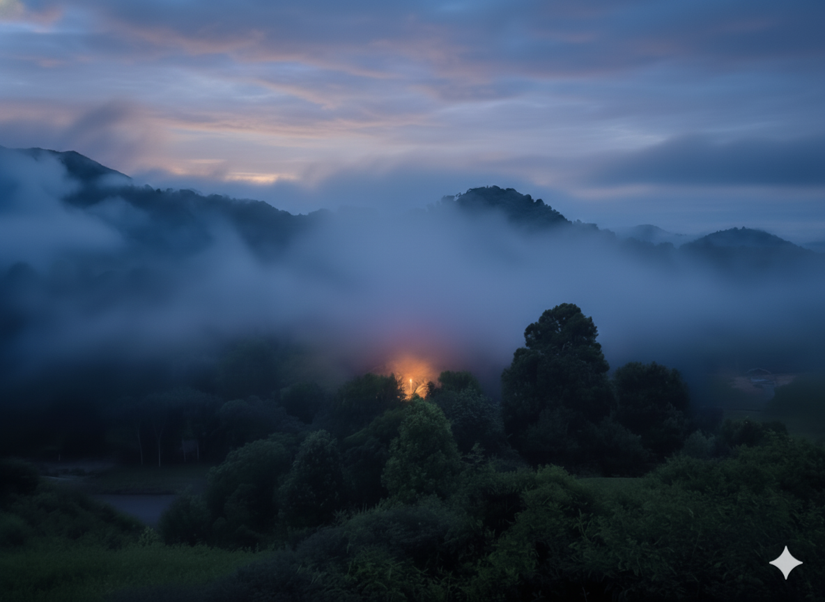 Scenic Retreat: Explore mystical mountain views as dawn breaks through the enchanting mist!