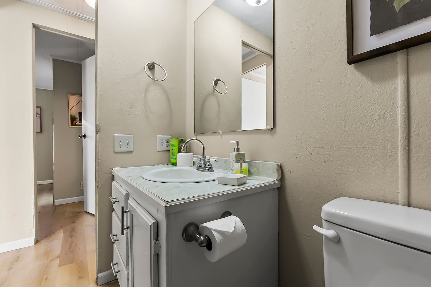 Convenient bathroom setup offering everything you need for comfort and ease.