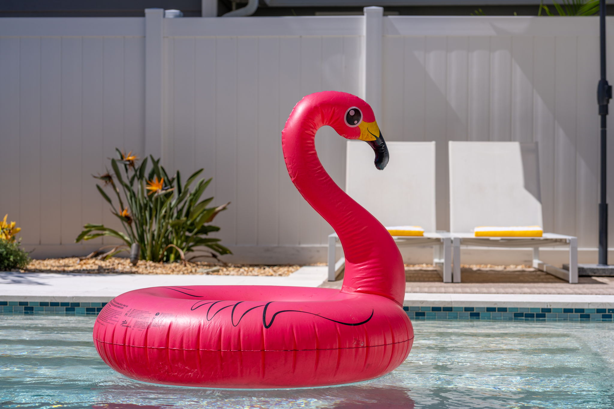 The pool’s clean lines and calming color palette are matched only by its playful flamingo float and inviting seating areas.