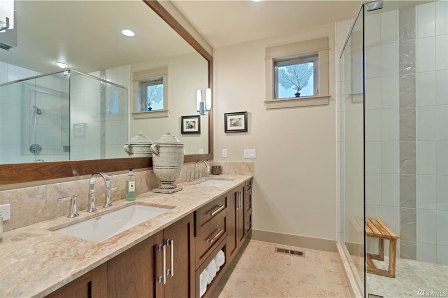 Master bathroom with private toilet room. Large walk-in shower and soaking tub.