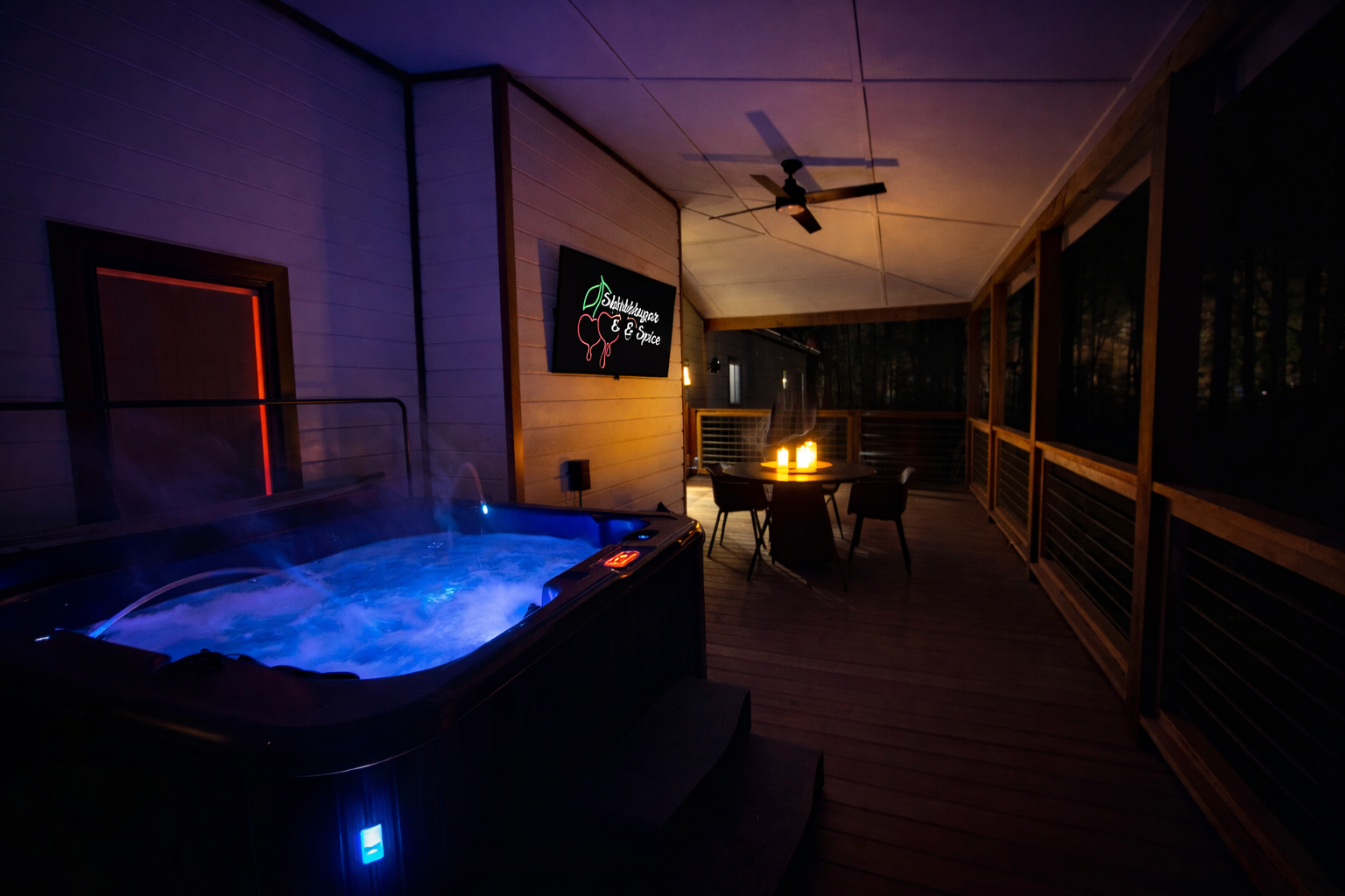 Everything you need to sit back, relax and enjoy your time. The TV moves away from the wall.