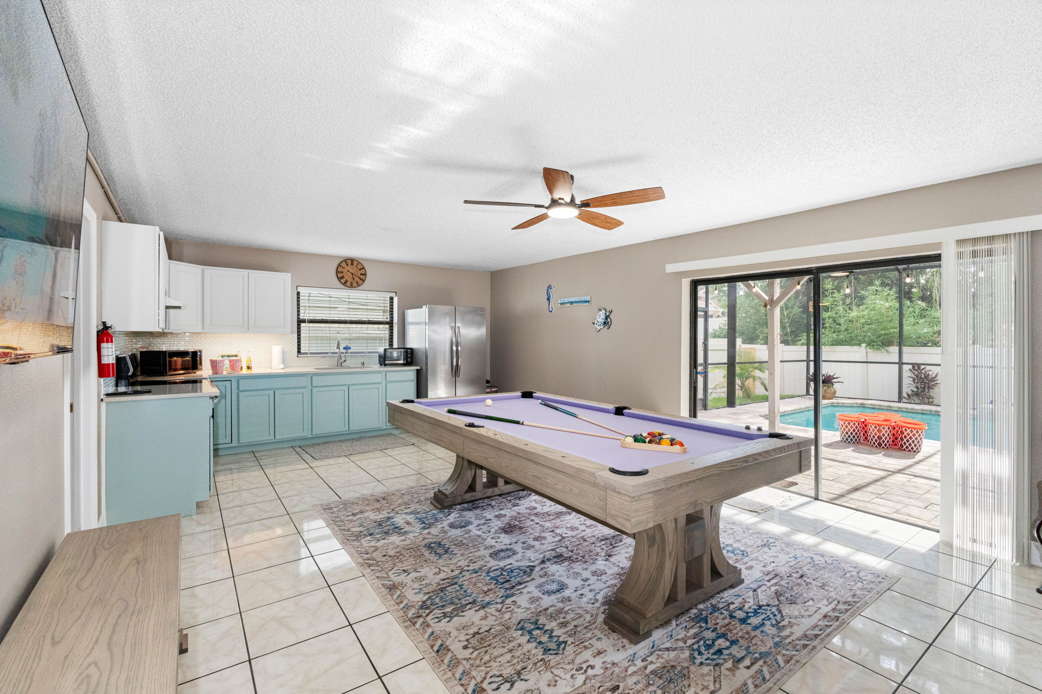8' Slate Pool Table + Dining Combo Stylish wood table doubles as a full-size slate pool table with lavender felt—perfect for meals, games, and memory-making!