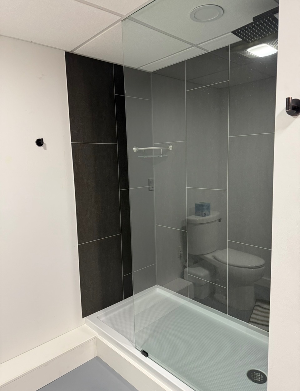 Basement bathroom with step in shower