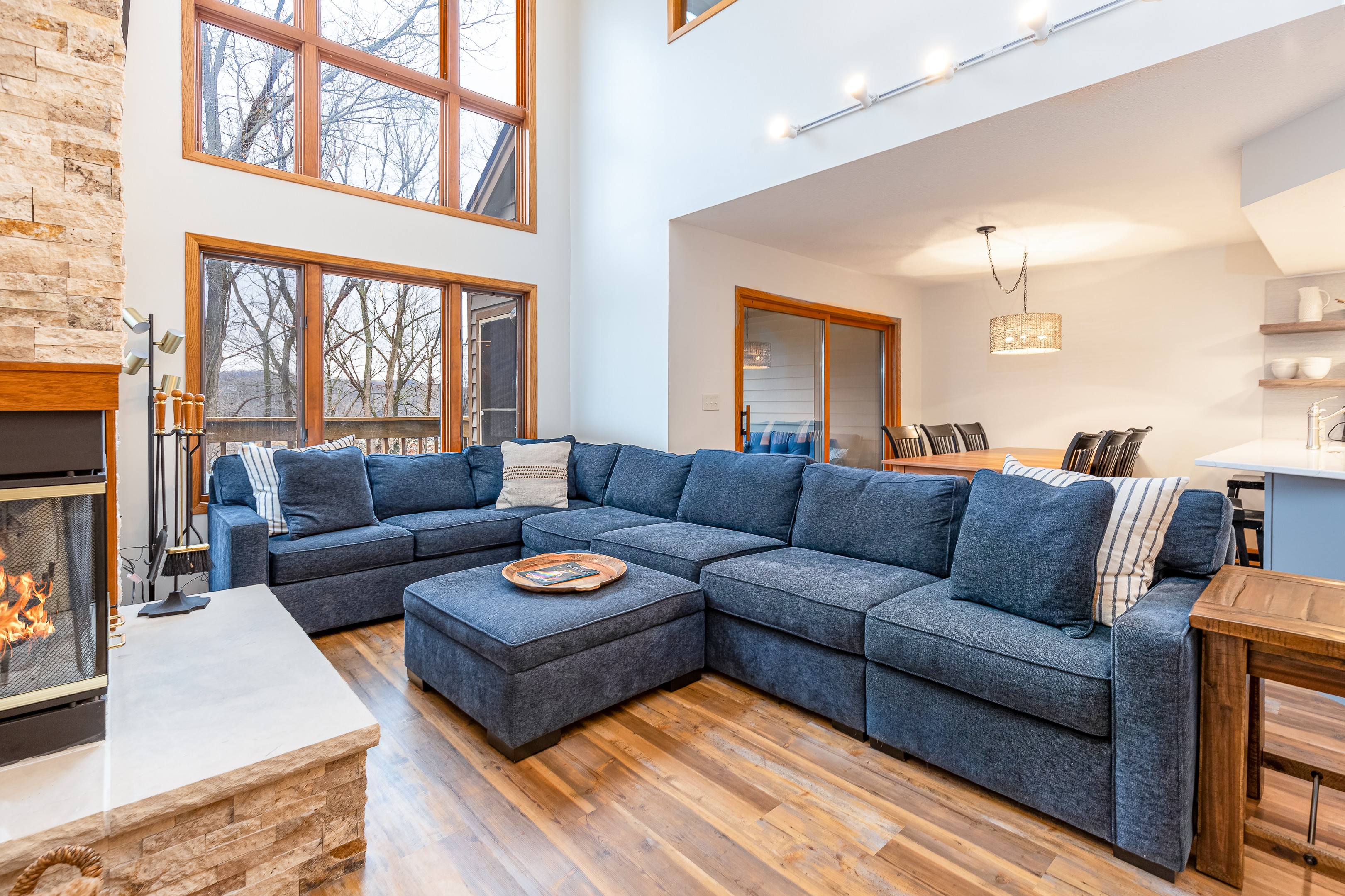 Relax in comfort with a cozy fire and a good movie