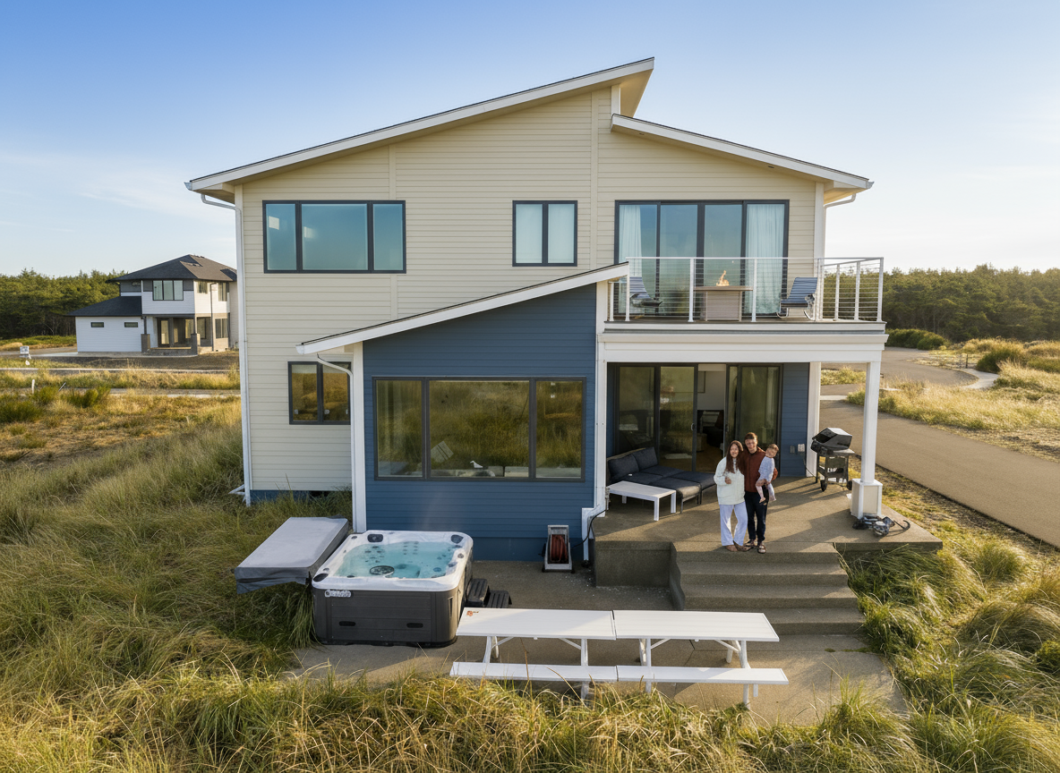 {Exterior} Private oceanfront patio + hot tub — the perfect place to watch the waves.