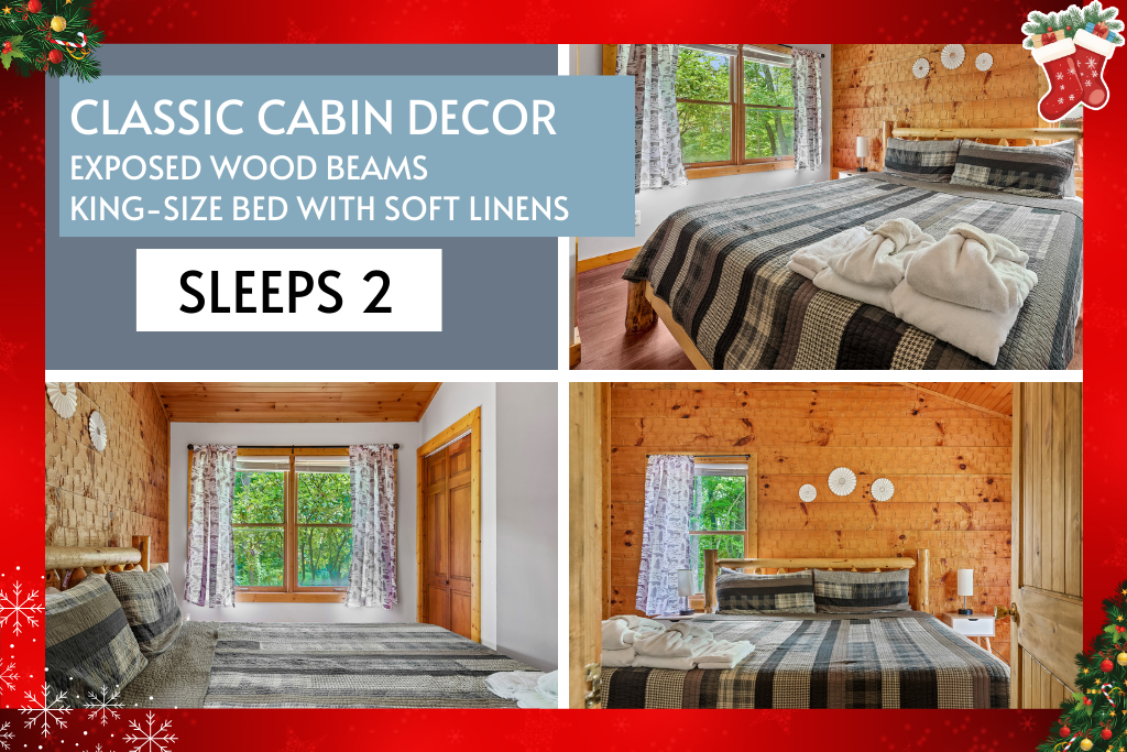 Drift off in a luxury king bed beneath charming wood-beam ceilings and soft linens.