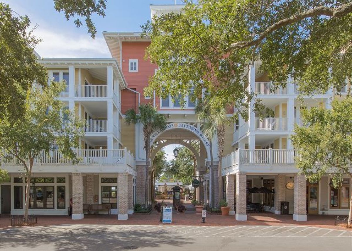 The Village of Baytowne Wharf entrance, with shops and restaurants steps from the front door