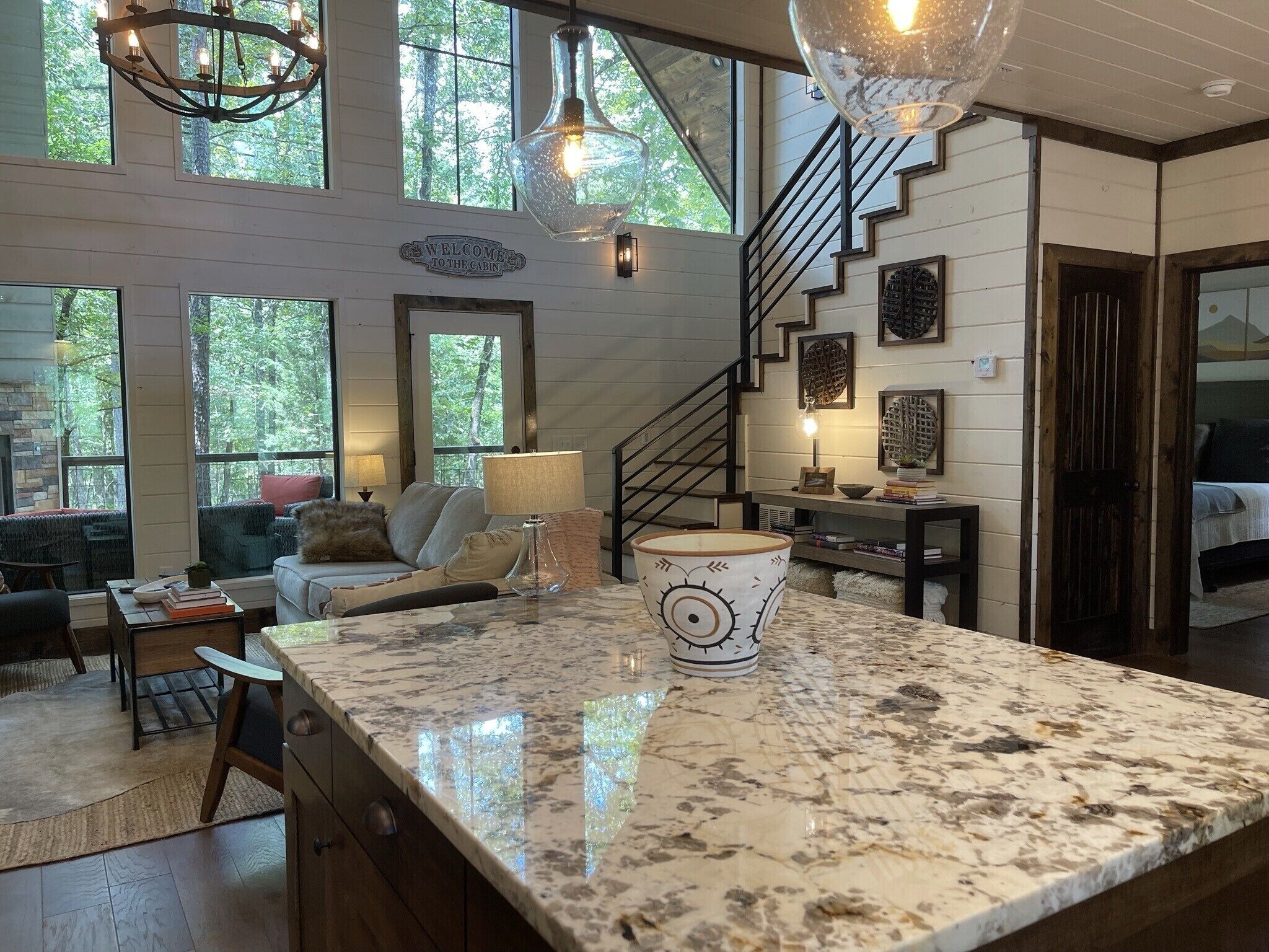 View over the island into the comfortable living room.