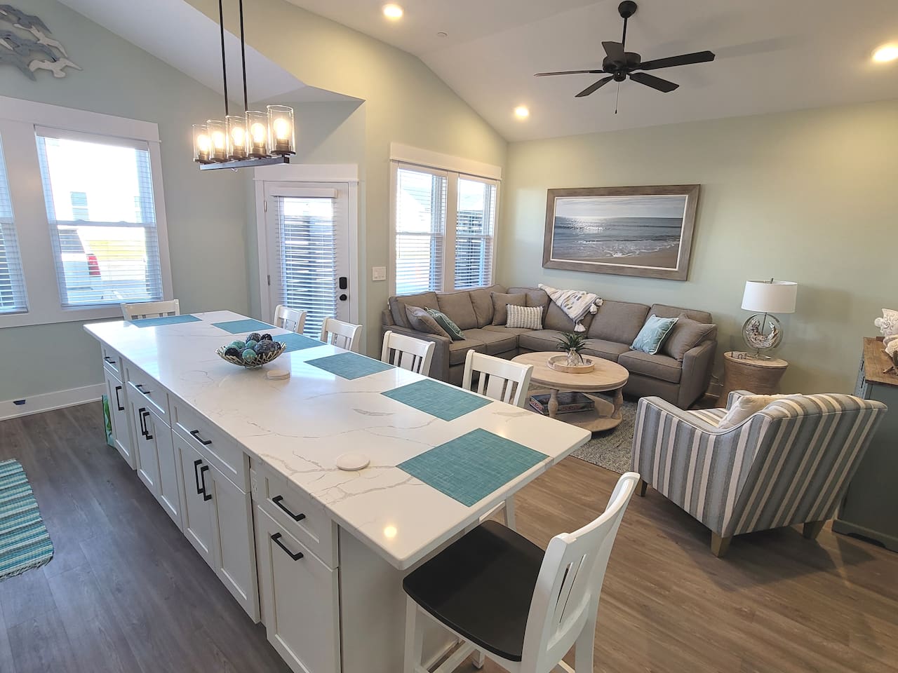 Open living spaces with cathedral ceilings.