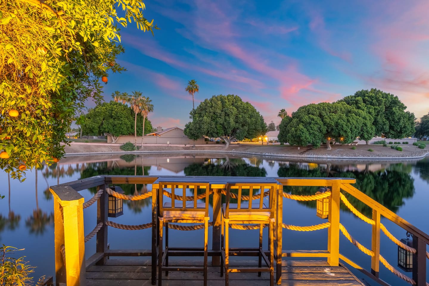 Sunset from the dock is a nightly highlight — the sky ablaze with color, the lake perfectly still, and a front-row seat that's all yours for the duration of your stay.
