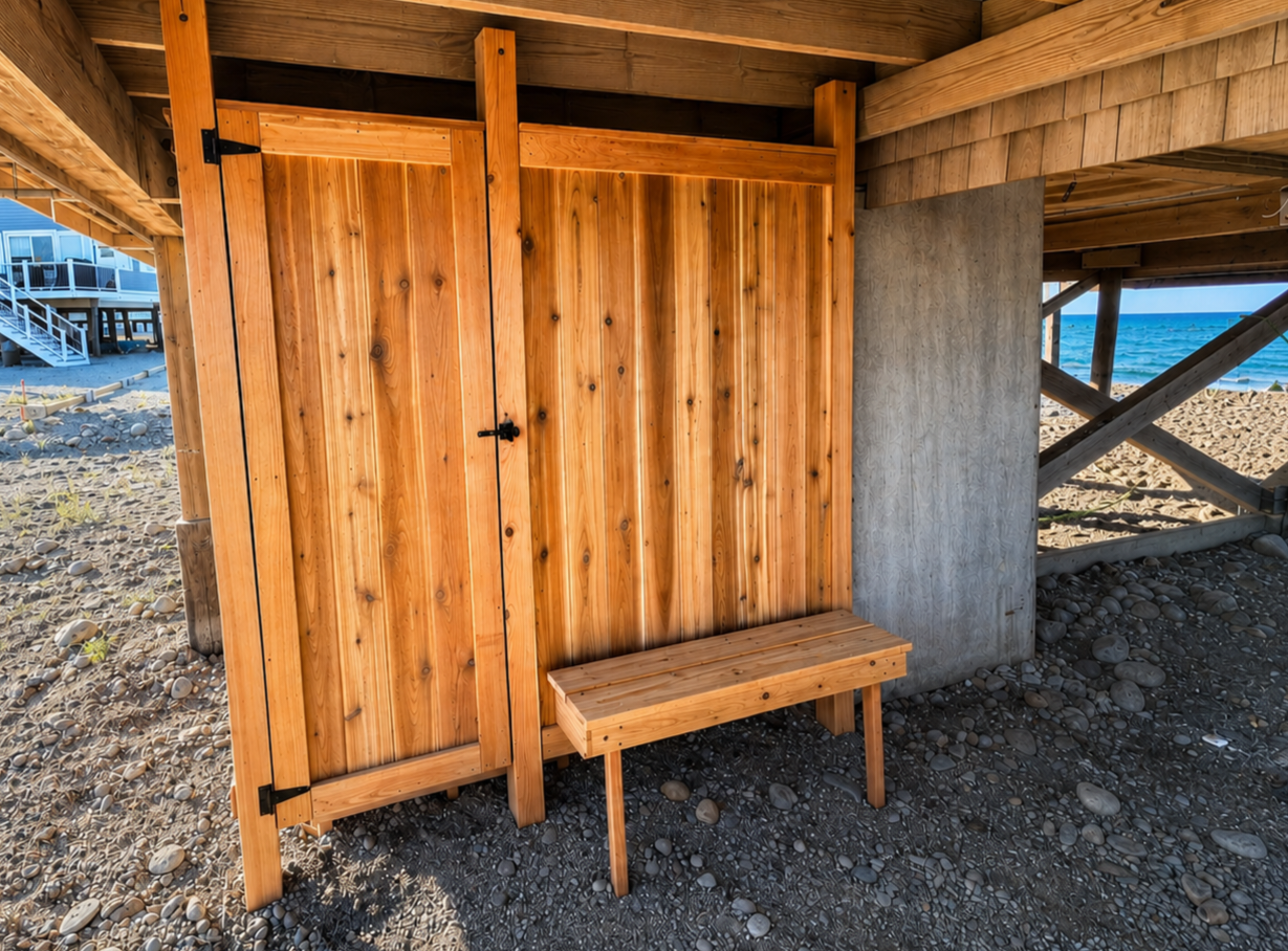 Convenient outdoor shower area makes it easy to rinse off after a day of sand, sun, and saltwater.