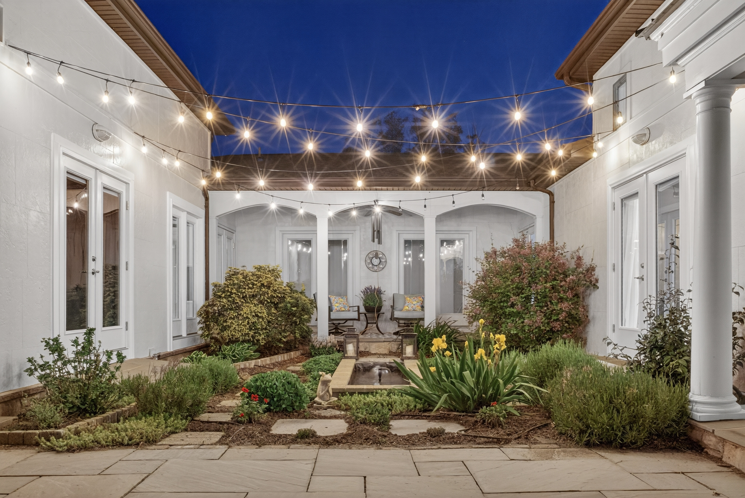 The heart of the home-a peaceful courtyard with fountains and lights