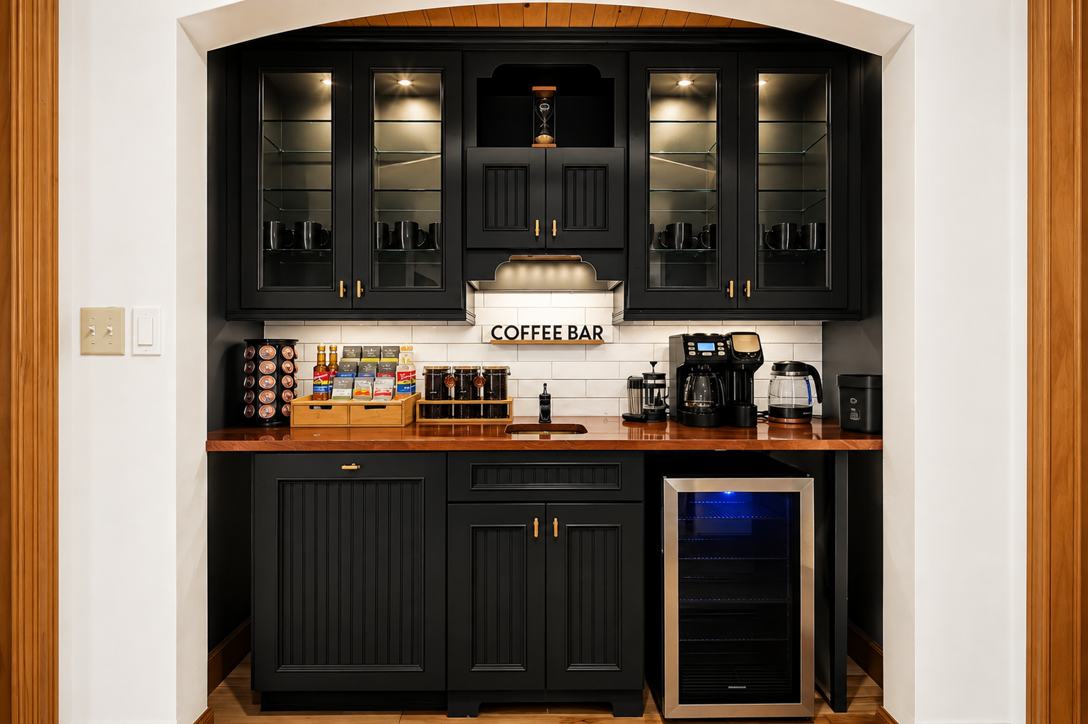 {Coffee Bar} Fully stocked coffee station with multiple brew options, syrups, teas, mugs, and a beverage fridge—everything your group needs for easy mornings enjoying the views.