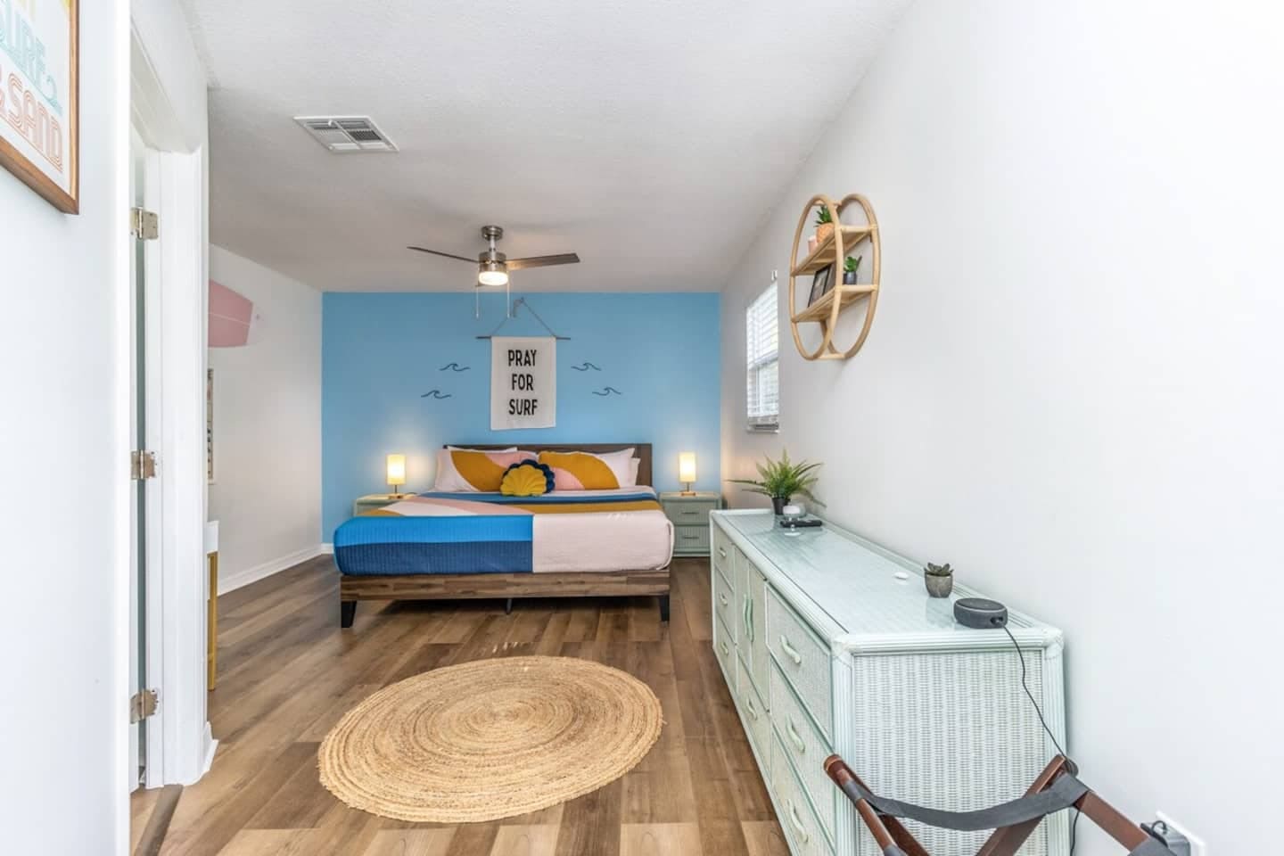 Surf Themed King Master Suite with new memory foam mattress.