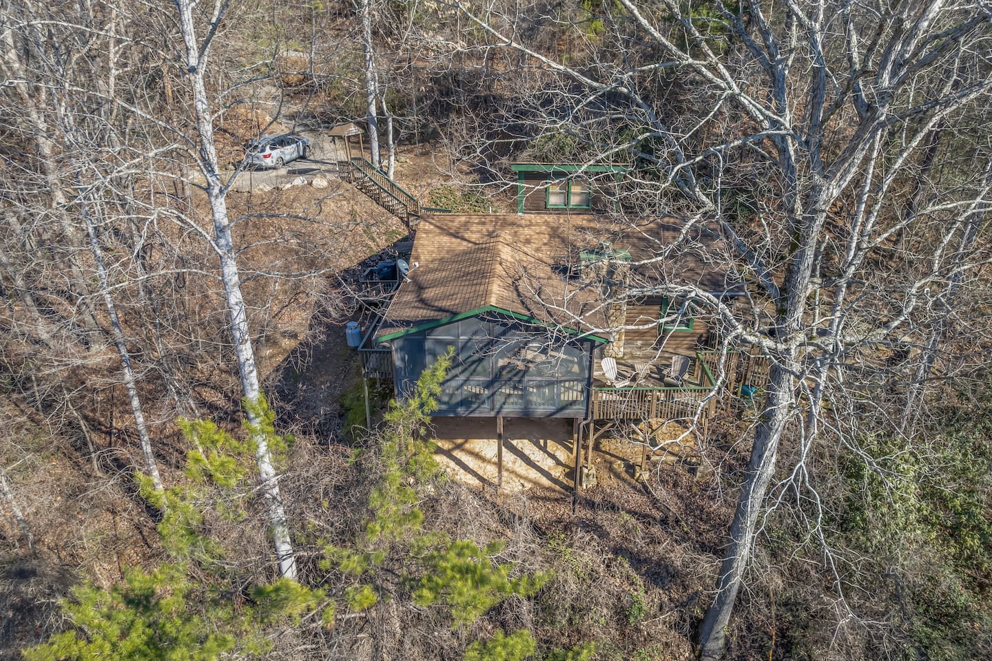 Upper drone view of the cabin.
