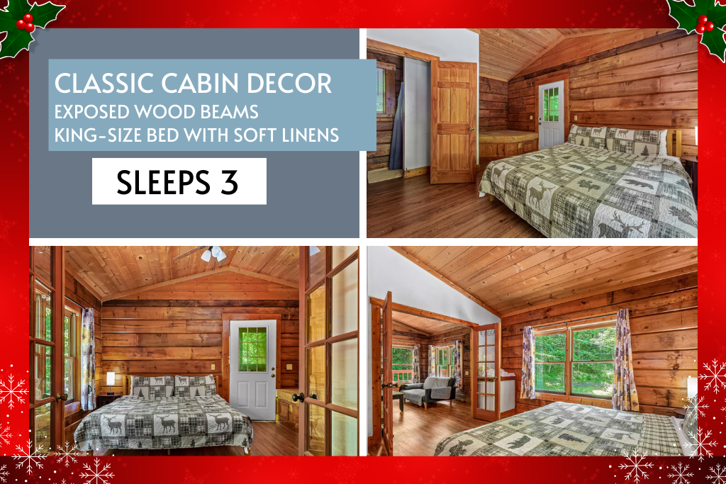 Classic cabin feel, exposed beams, and sleep-perfect bedding.