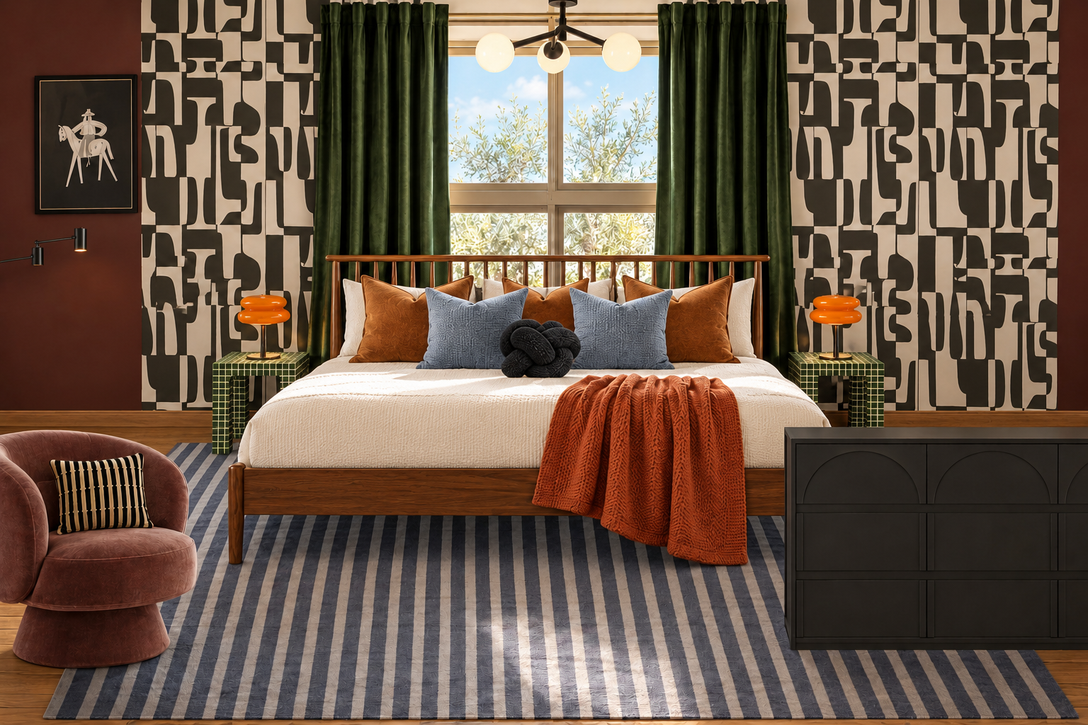 {Bedroom 2} Stretch out in a king bed after a day of Scottsdale sunshine. Bold geometric wallpaper, olive curtains, and warm desert accents give this Firebird bedroom a playful edge, with a cozy reading chair for slow mornings before the poo