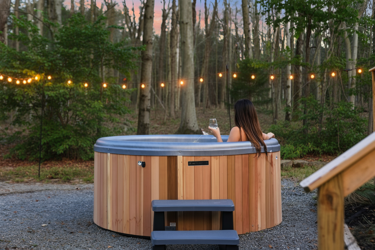 Sit and watch deer while soaking in a luxury cedar barrel hot tub