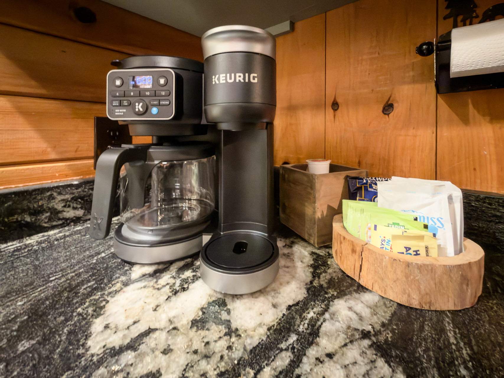 Coffee station with a Keurig.