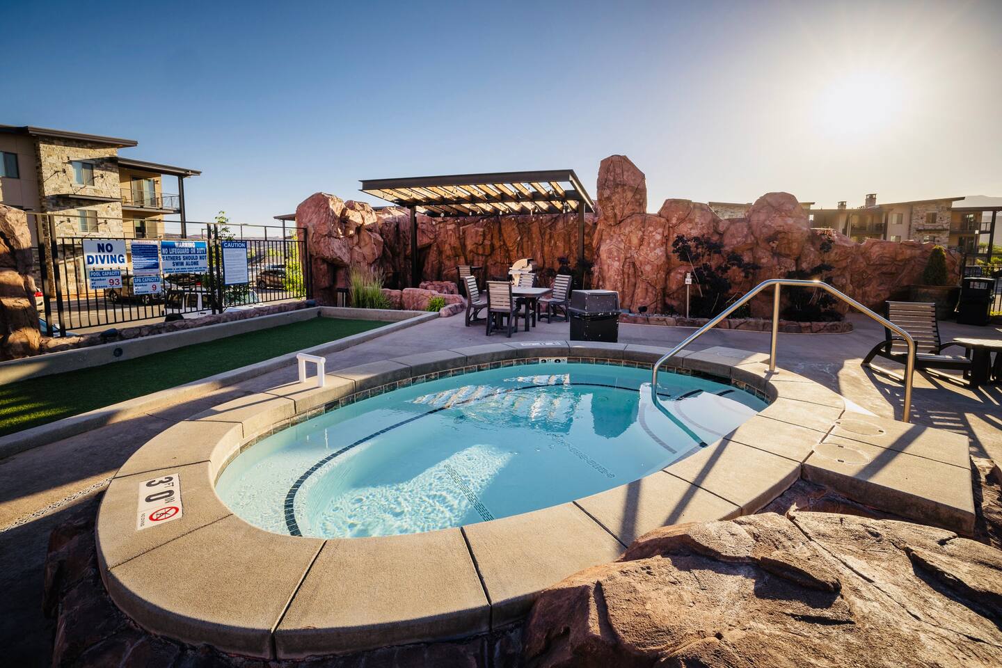 One of two hot tubs. This one overlooks the Bocce Ball court and poolside lounge