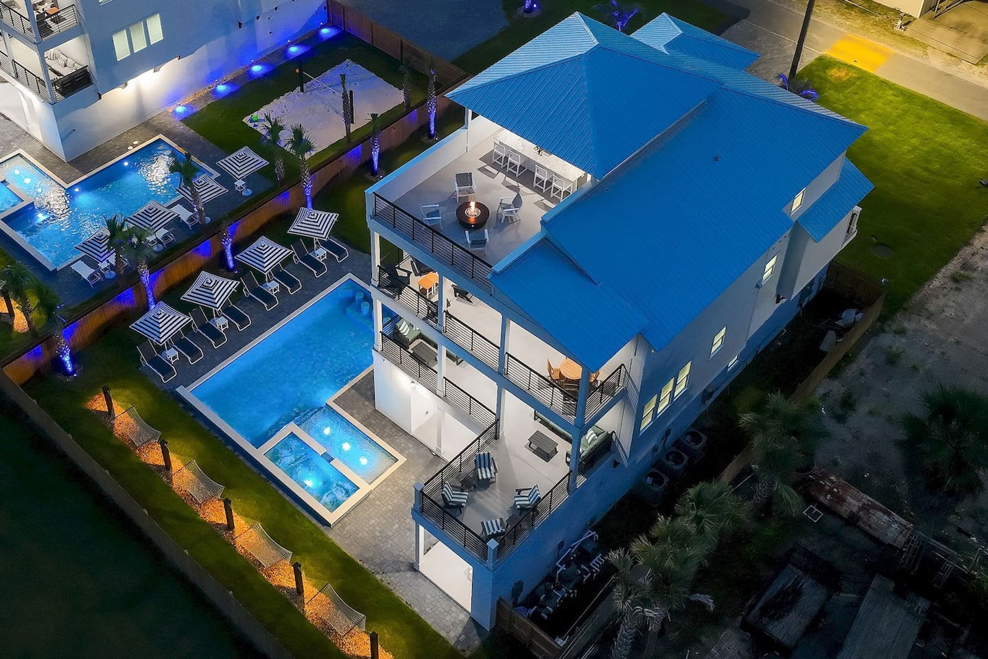 Aerial view of a thoughtfully designed luxury retreat for unforgettable gatherings.