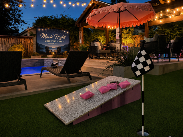Movie Night Under the Stars- Poolside cornhole, twinkle lights, and backyard vibes at our Fort Worth short-term rental.