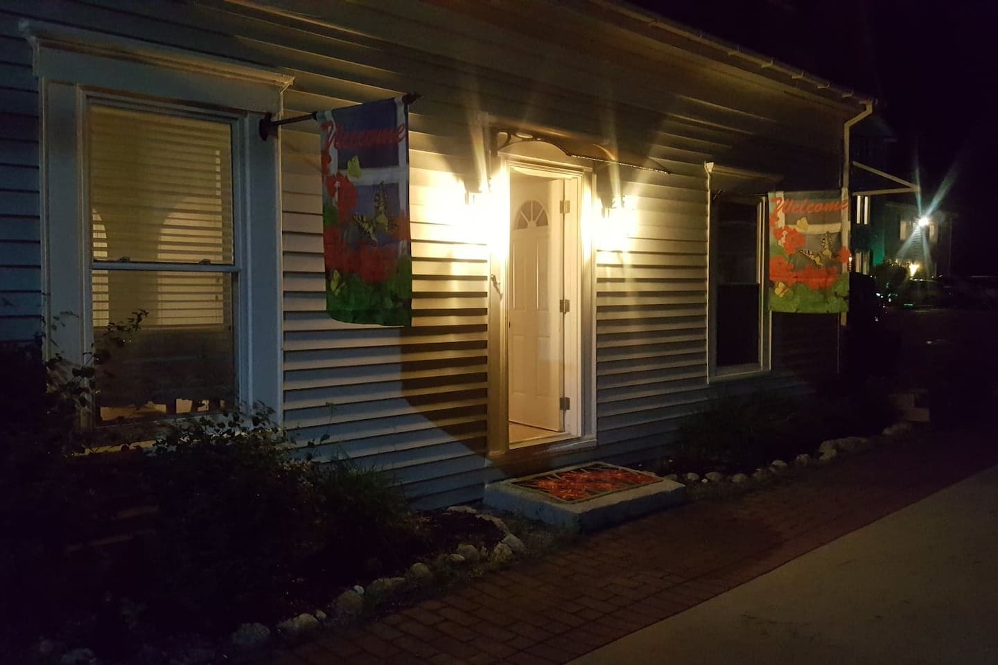 Outside of house at dusk.