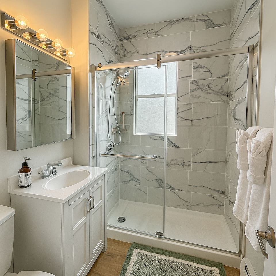 Professionally cleaned bathroom with full shower, fresh hotel quality towels, and stocked essentials for a comfortable stay.