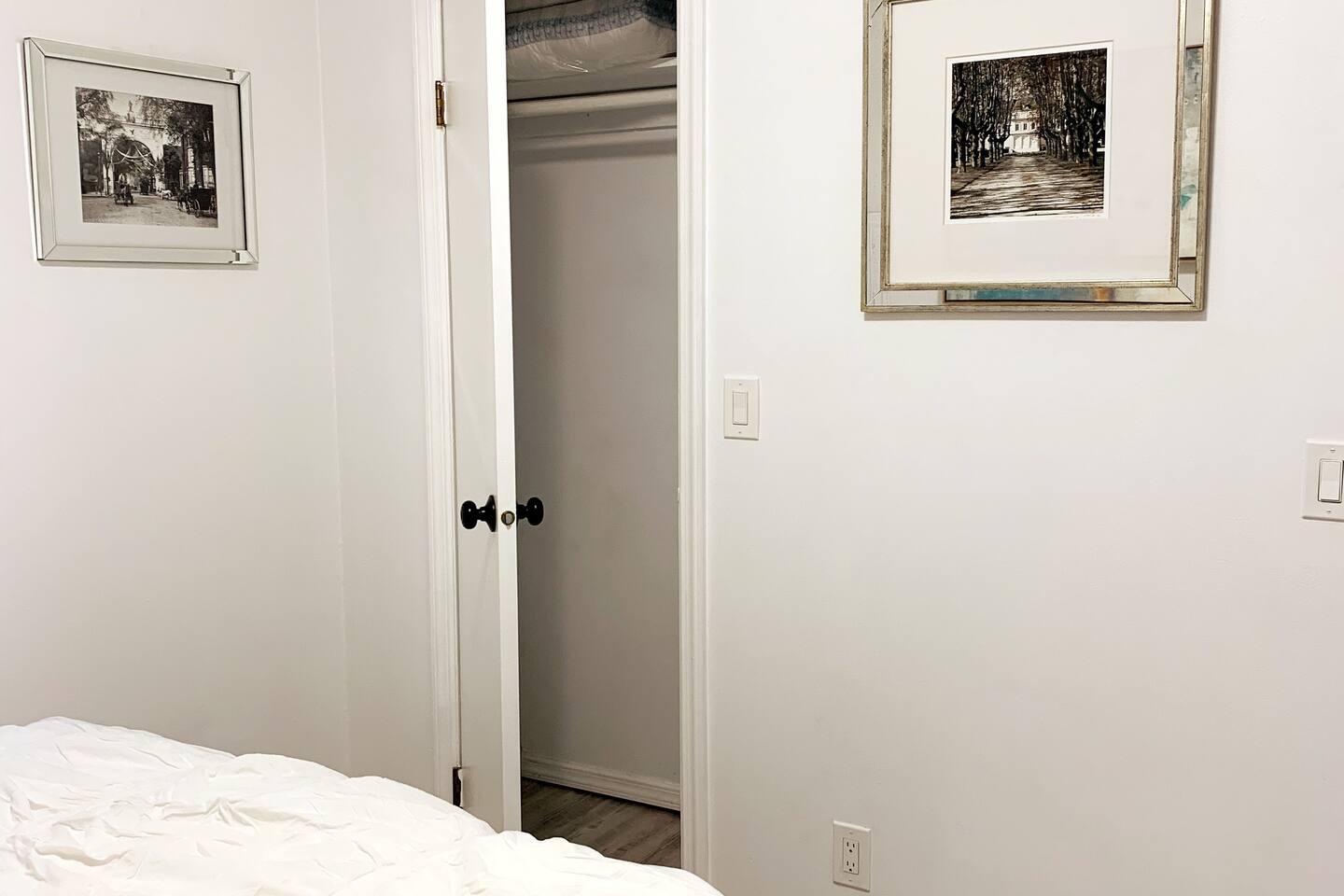 Closet in the bedroom for clothing storage. Includes extra pillows.