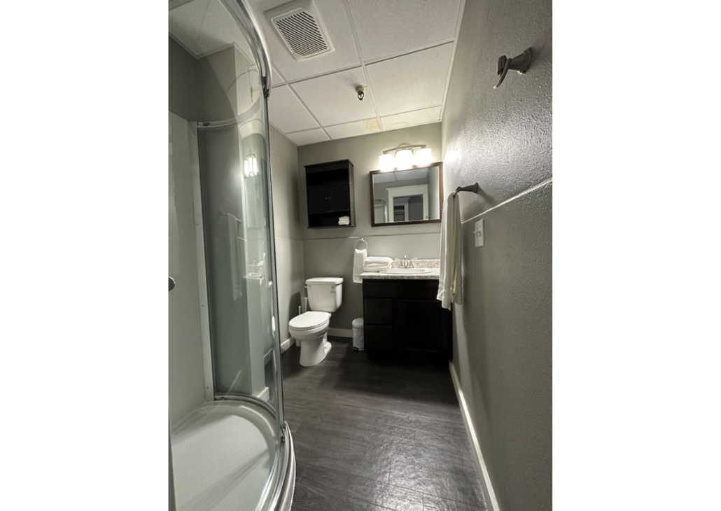 Renovated bathroom with shower.