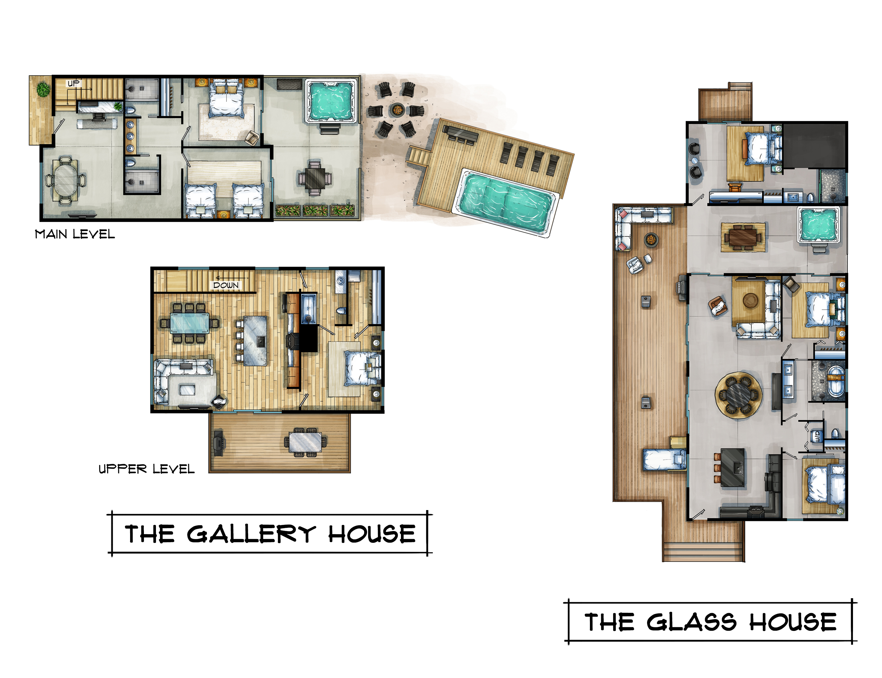 {Glass + Gallery Floor Plan}
See how The Gallery House + Glass House sit together on the property — perfect for larger groups wanting shared spaces with private cabin-style comfort.