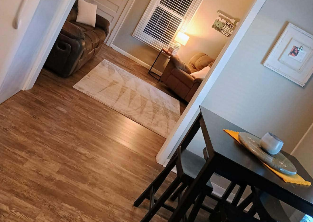 View from kitchen into the living room. 