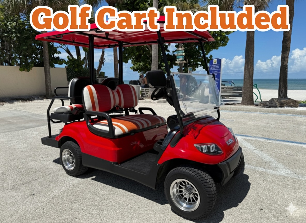 with a golf cart for exploring beach and restaurants