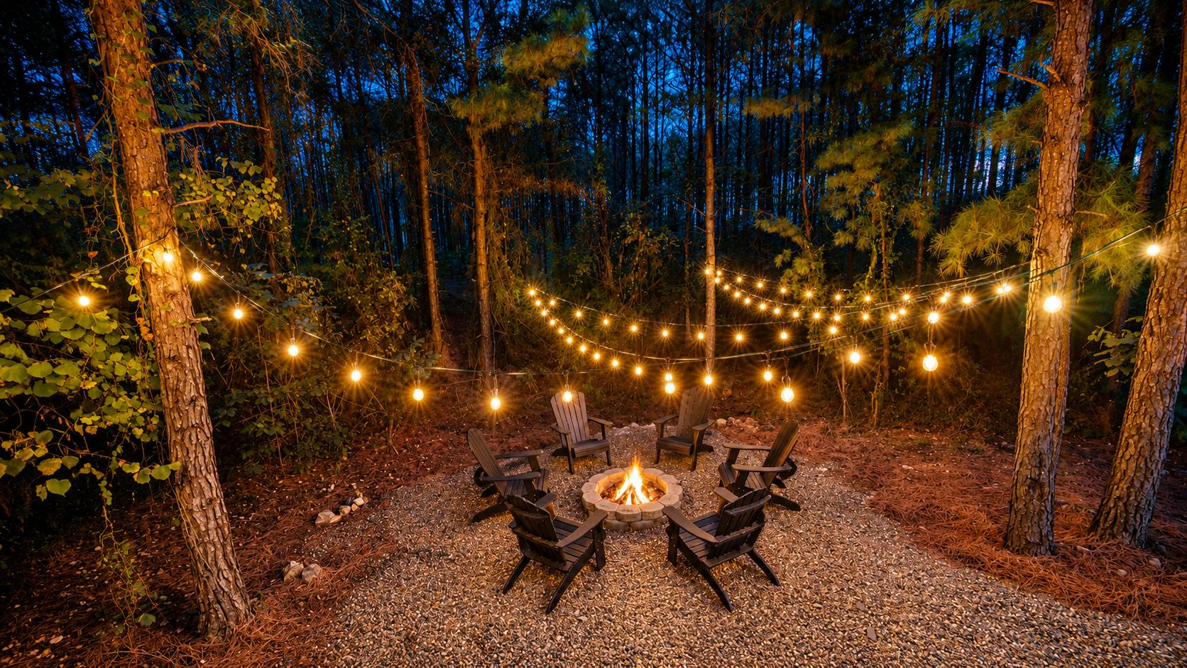 This is the privacy you come to Broken Bow for. A fire glowing beneath the string lights, towering pines in every direction, and forest stretching for miles beyond, creating a true sense of seclusion.