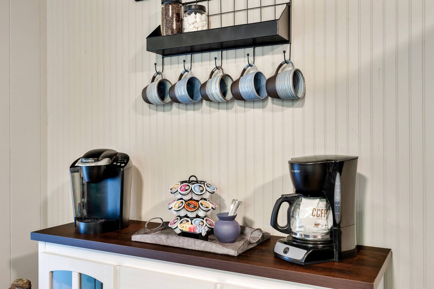 Kickstart your day at our Pigeon Forge home's premium coffee station. Keurig and drip options with a variety of brews. Steps away from downtown attractions! #PigeonForgeStay #DowntownConvenience