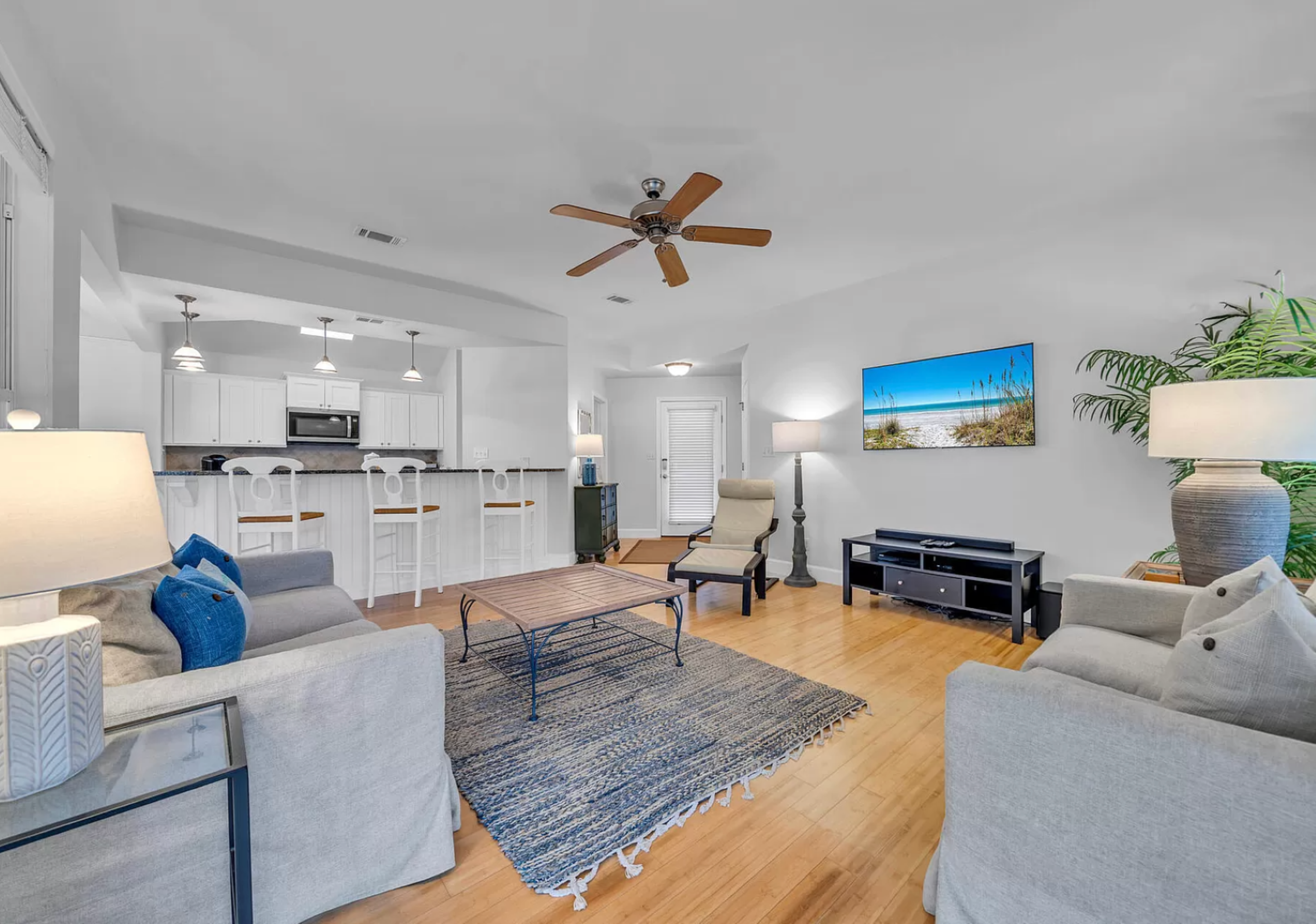 Relax and enjoy your favorite shows on our large smart TV, providing entertainment for everyone in the room.