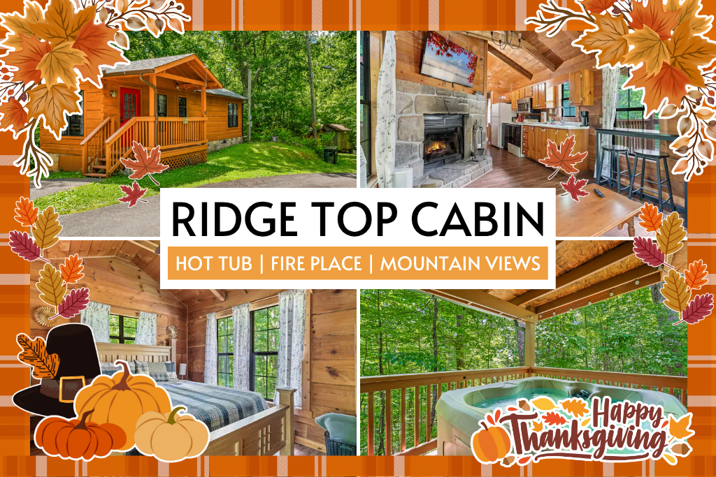 Stay at Ridge Top Cabin featuring a private hot tub, cozy fireplace, and sweeping mountain views. The perfect romantic getaway in the Smokies.