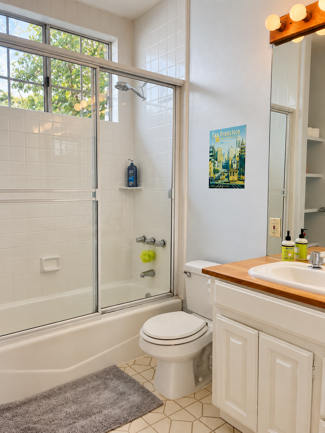 Bathroom with bathtub and shower.