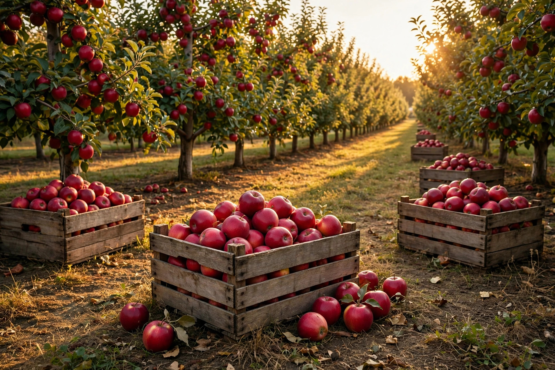 Apple orchard rows at harvest time