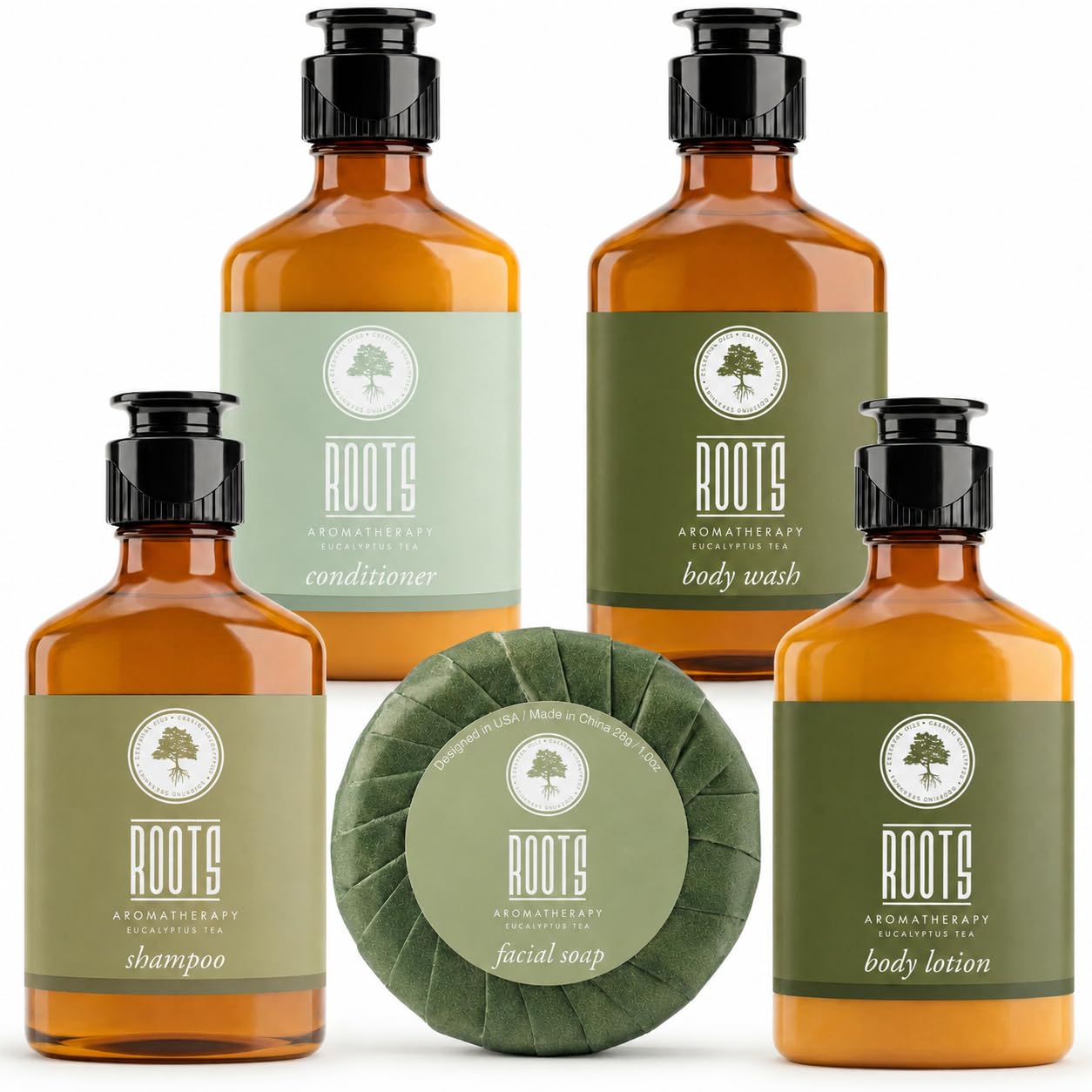 Roots Eucalyptus & Spearmint guest toiletries: shampoo, conditioner, body wash, body lotion and individually wrapped soaps.